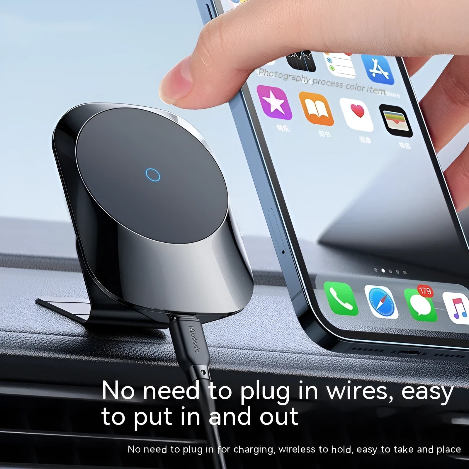CH-707 black magnetic car wireless charger with air vent mount and centre console base.