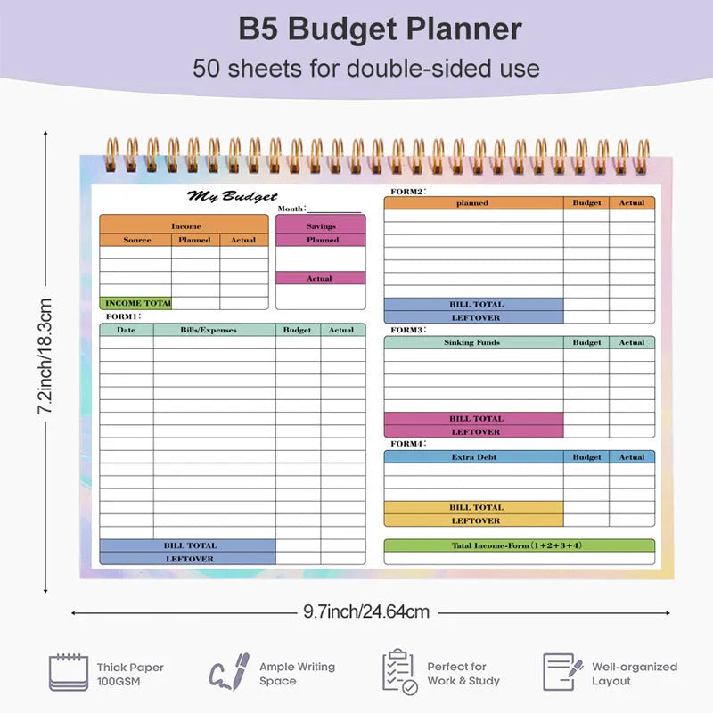 B5 size spiral-bound budget notebook with a PP plastic cover, open to show lined pages.
