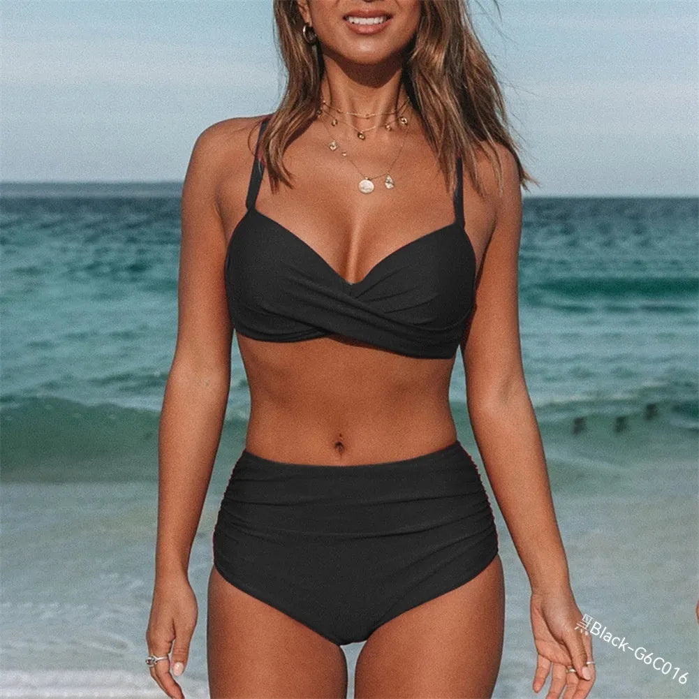 Women's solid colour bikini swimwear set with sleeveless design