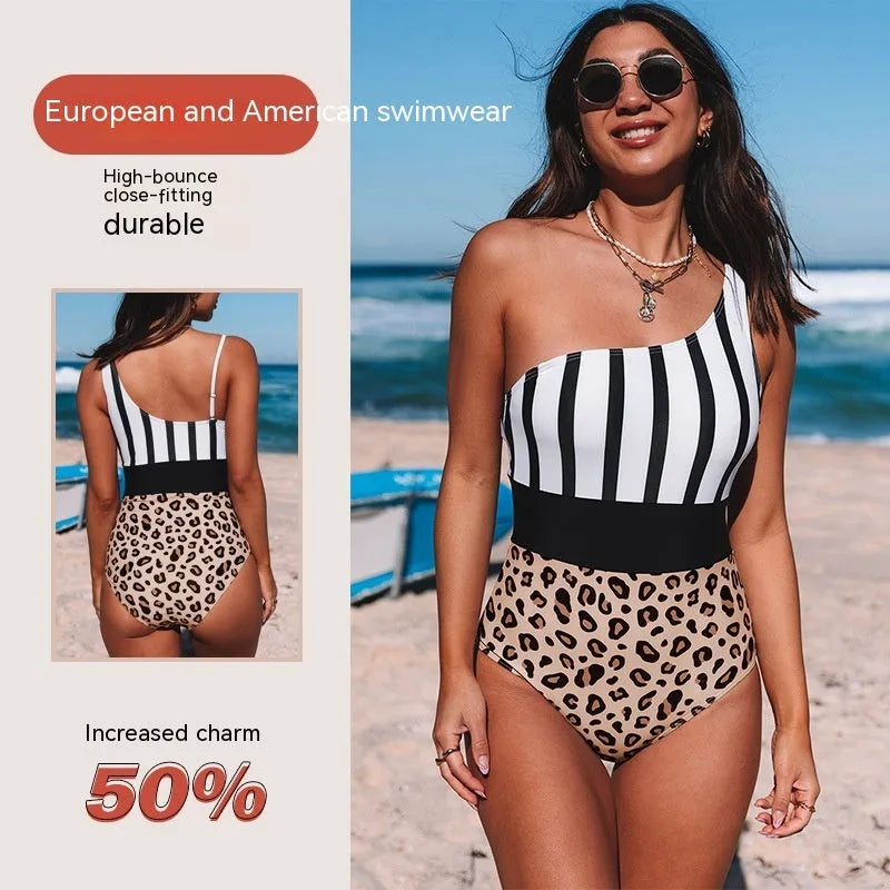 Leopard print one-piece swimsuit for women with an asymmetric collar and high waist.