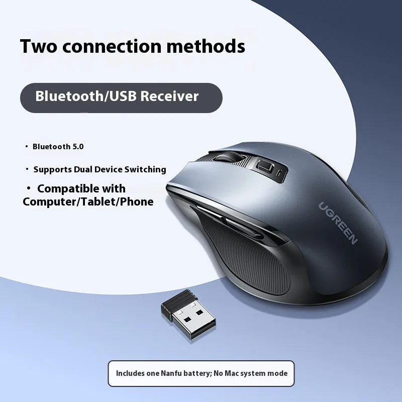 Black wireless Bluetooth dual-mode ergonomic mouse with side silicone finger rest and five-speed DPI for laptop office use