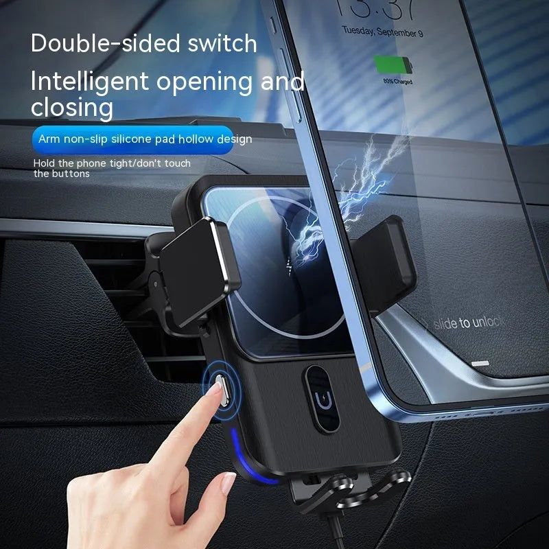 Black car wireless charger phone holder with 15W charging and dual mounting options