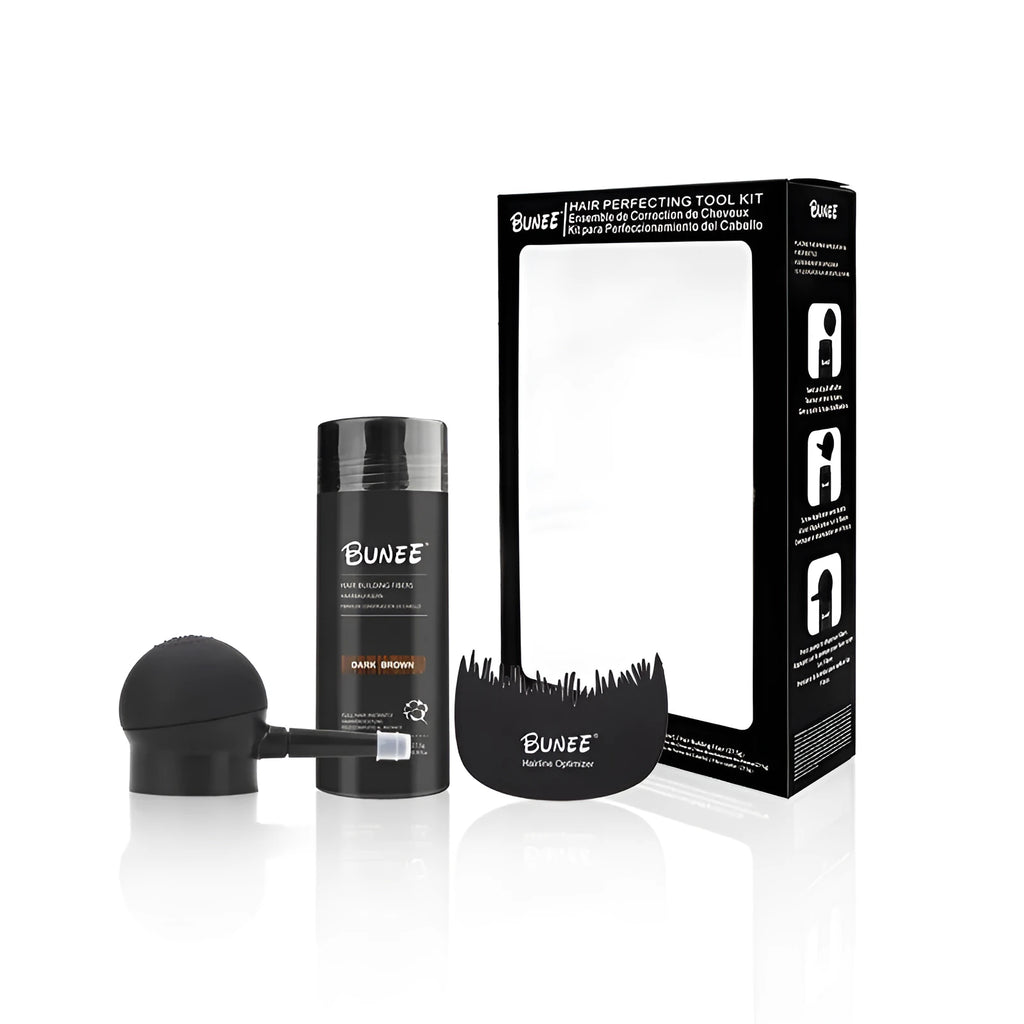 Boxed three-piece hair fibre powder thickening set with applicator and mirror.