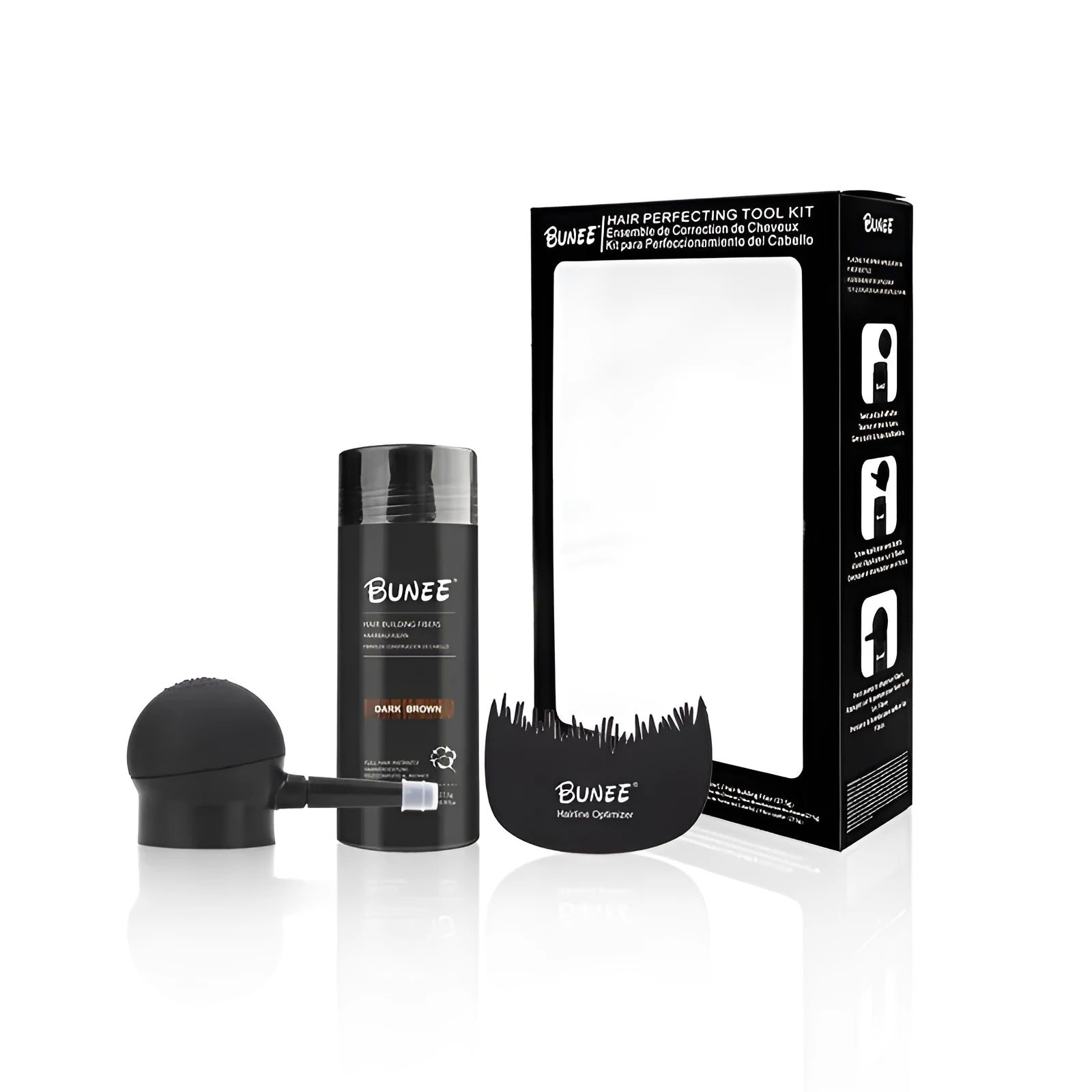 Boxed three-piece hair fibre powder thickening set with applicator and mirror.