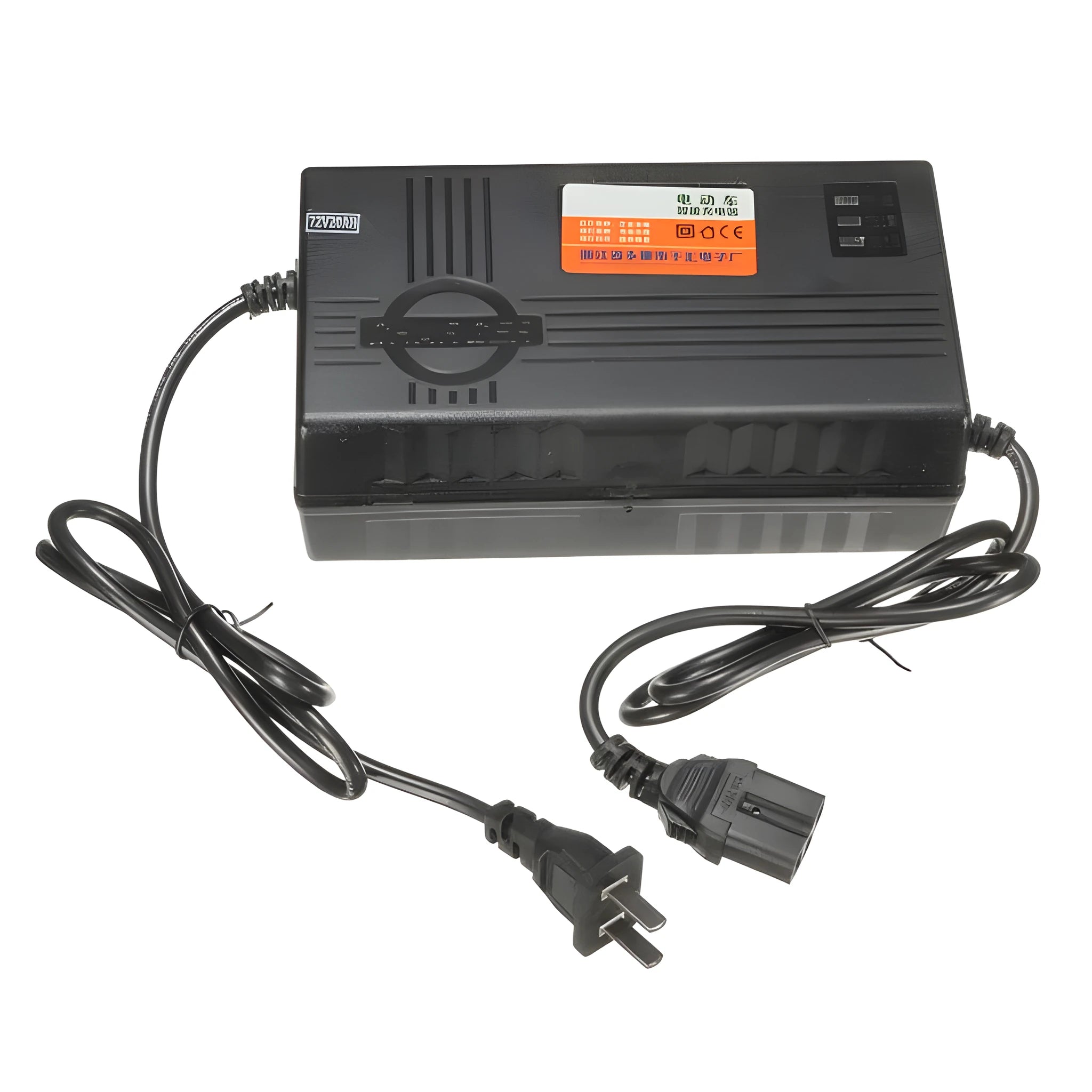 Black 72V20AH electric car charger for lead-acid batteries showing AU, EU, US plug options
