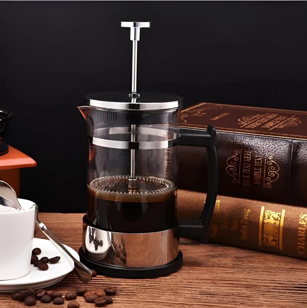 350ml capacity glass and stainless steel manual coffee maker, 10cm wide by 17cm tall.