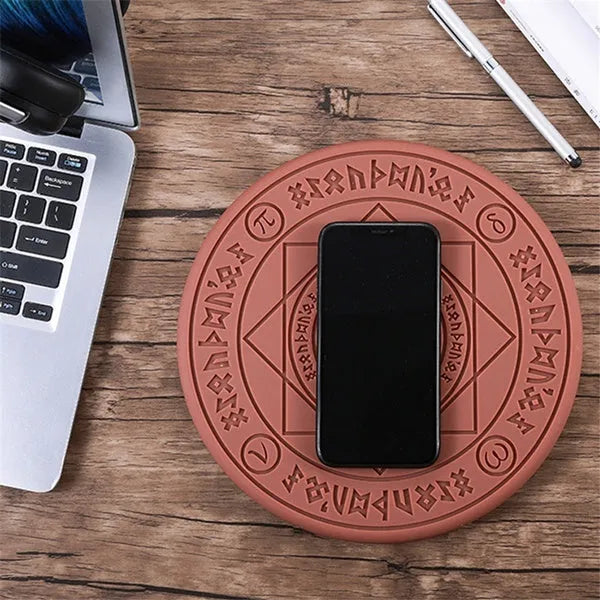 Square wireless phone charger with magic array pattern design showing ultra-thin 1.5cm profile