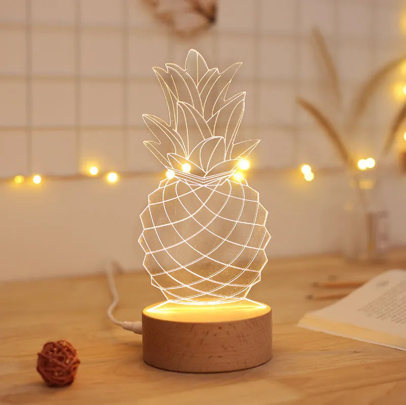 Cartoon pineapple bedside lamp with wood base and acrylic elements, measuring 24.5x10cm