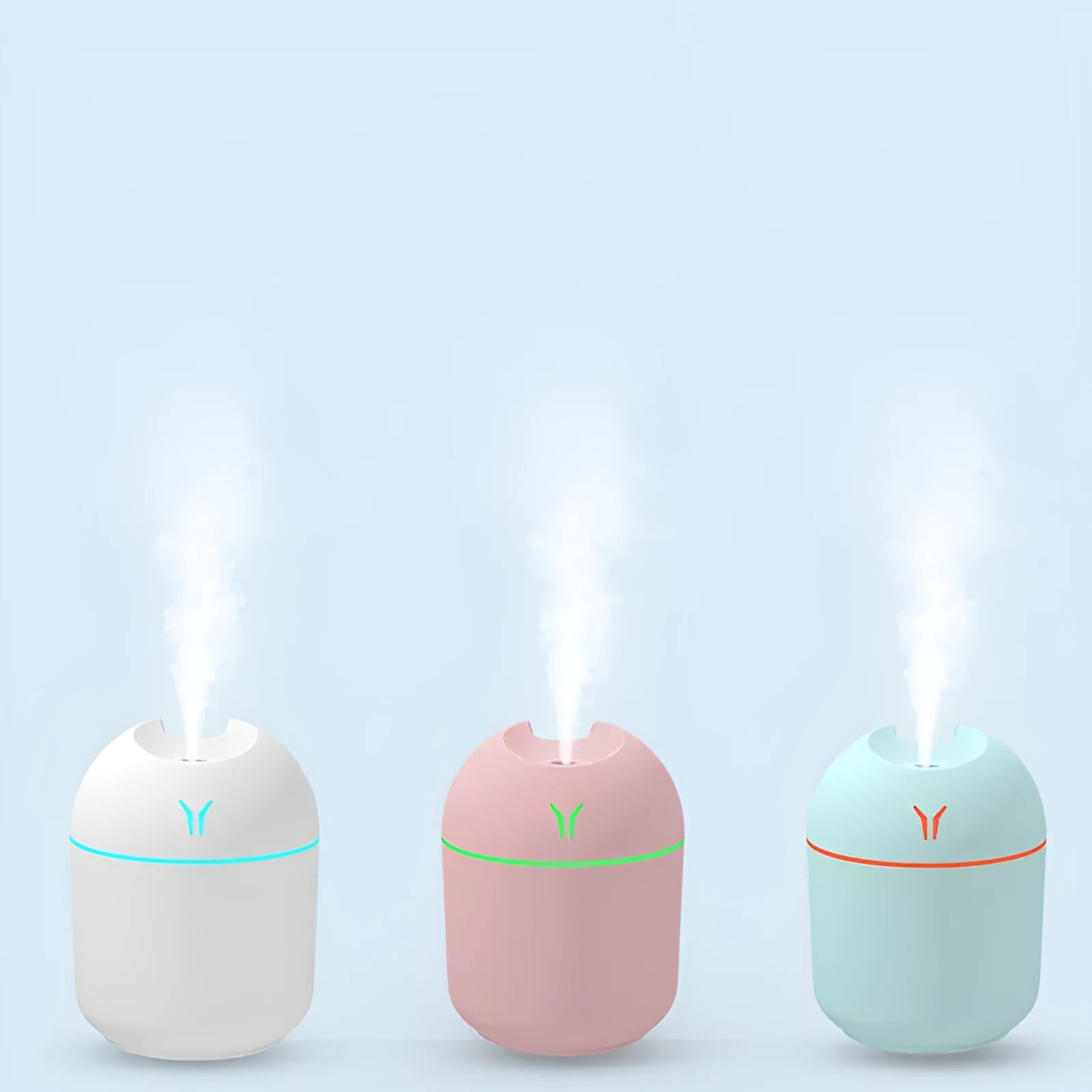 Round desktop humidifier with USB power cable and 250ml water tank capacity