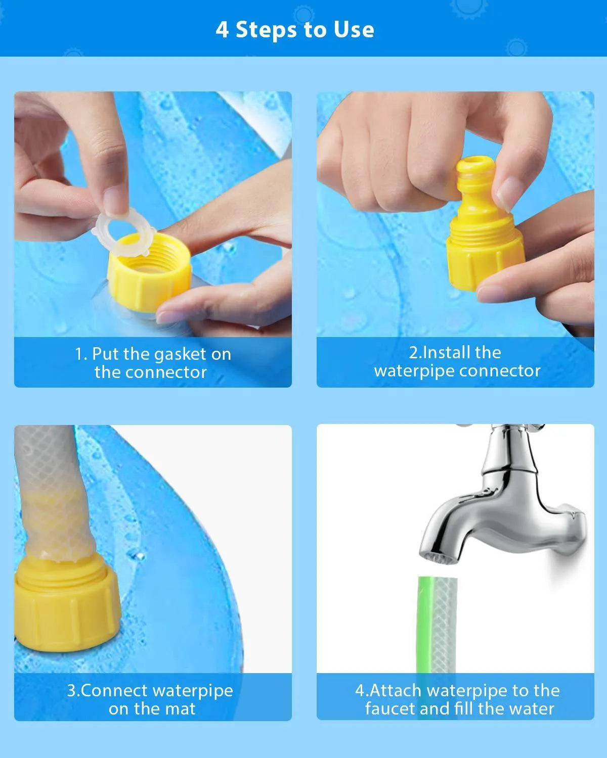 Blue PVC children's water spray play mat with marine animal prints, connected to a garden hose.