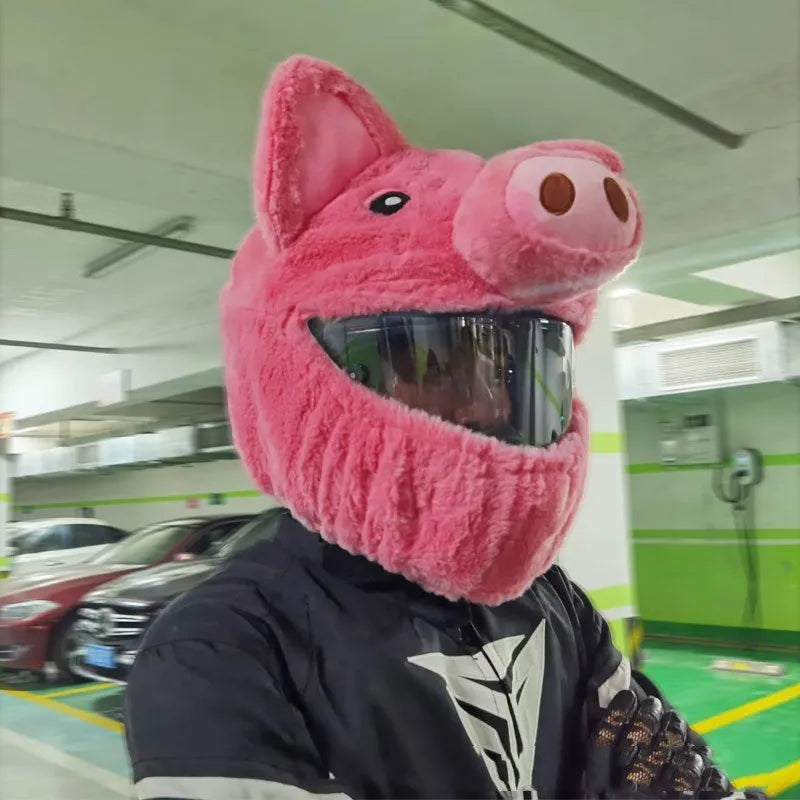 Pink pig cartoon design motorcycle helmet protective hood made from plush PV velvet cloth