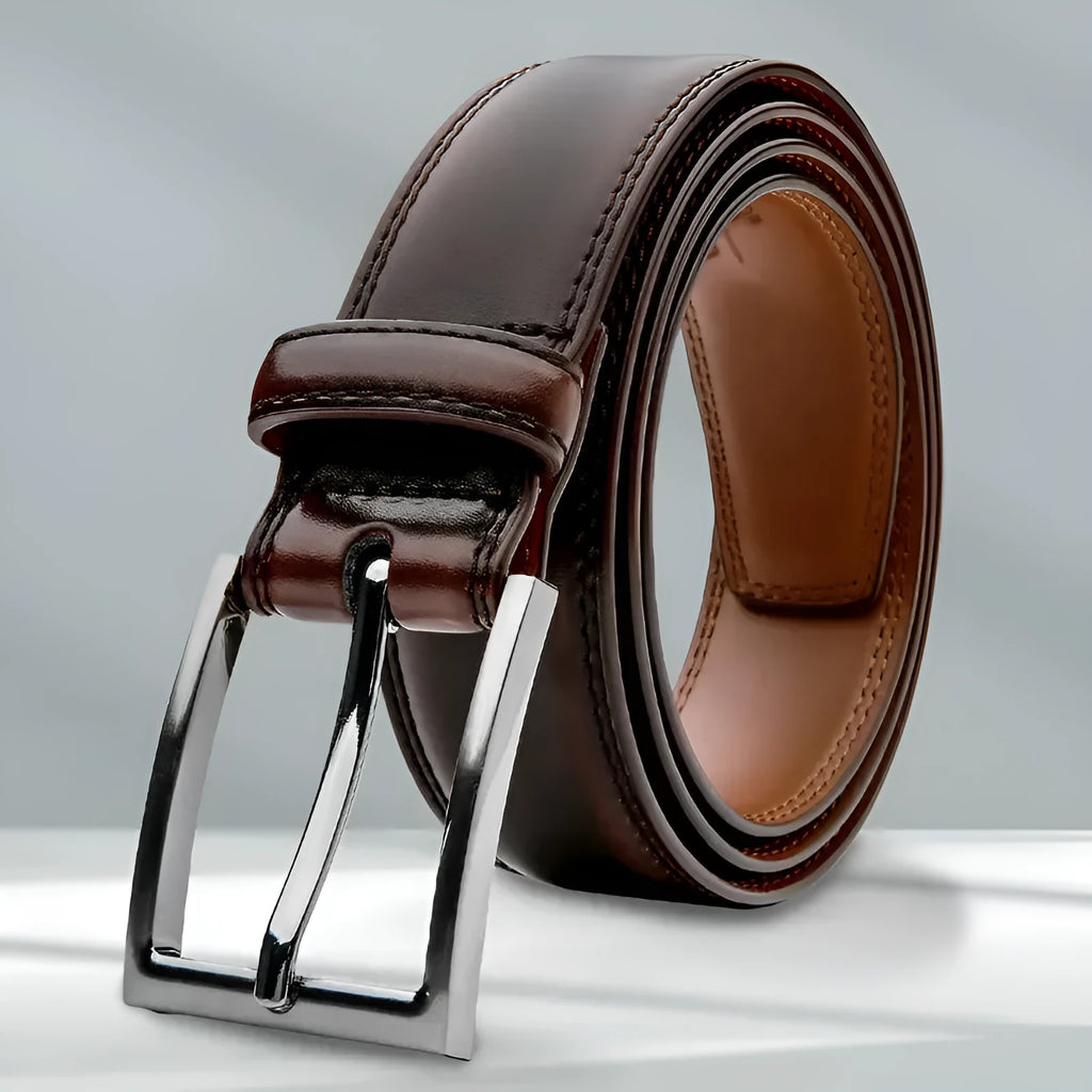 Men's brown genuine leather belt with 95 grain texture and alloy buckle on a white background