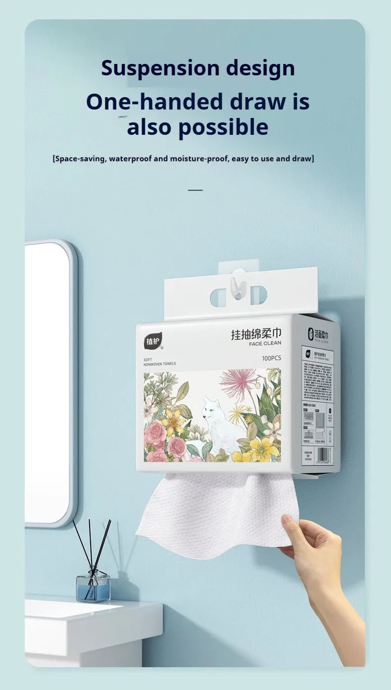 Disposable hanging roll of 100 soft face cloths made from viscose and polyester blend