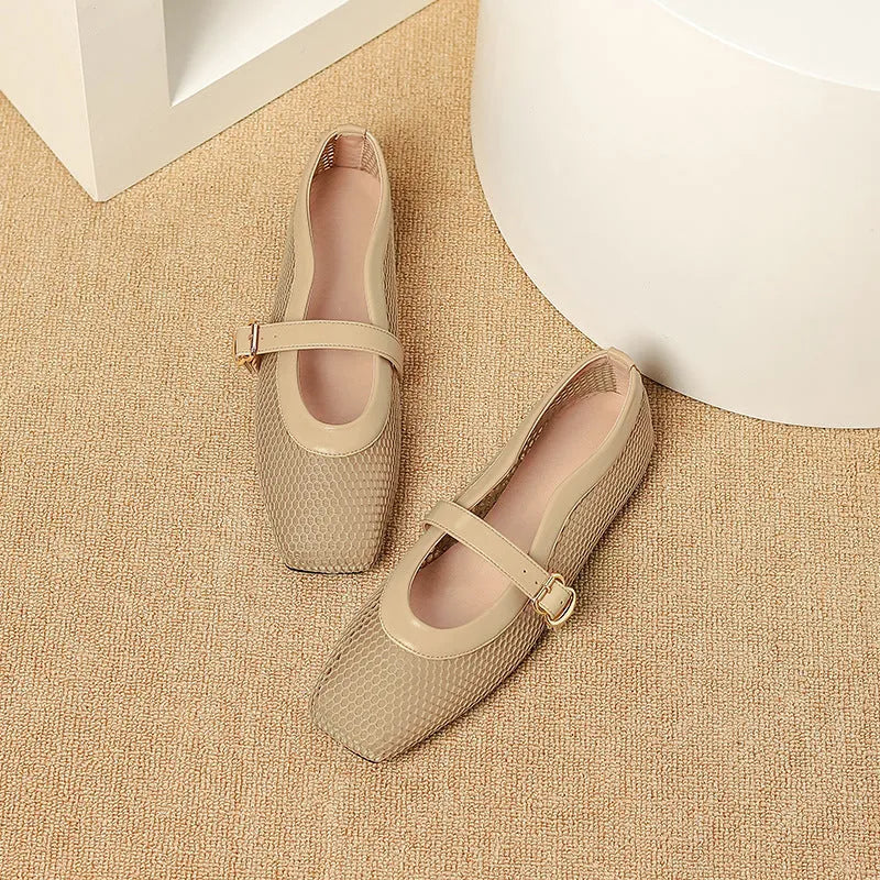 Women's beige mesh low-heel pump with square toe and buckle fastening on a white background.