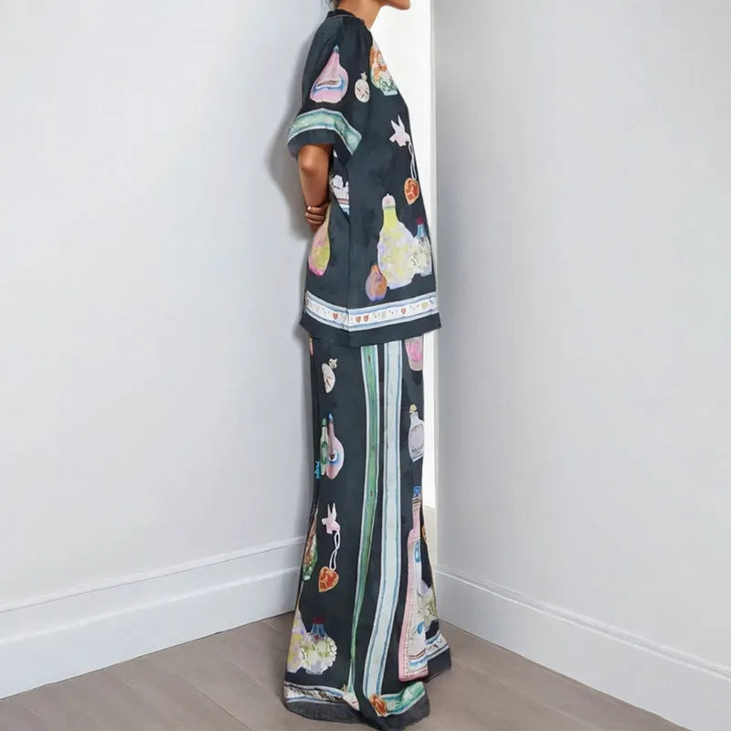 Black women's cardigan and trousers set with cartoon pattern in sizes S M L XL 2XL 3XL
