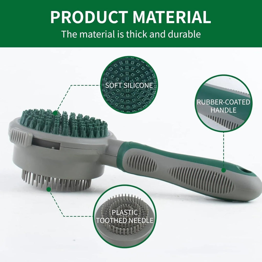 Two-sided pet grooming brush showing slicker brush side and silicone massage side in green colour