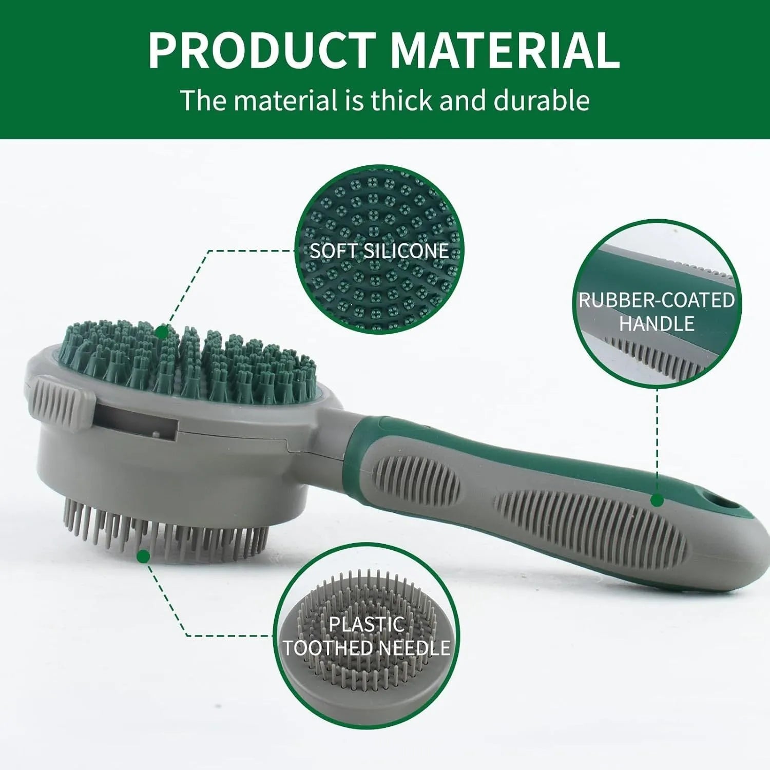 Two-sided pet grooming brush showing slicker brush side and silicone massage side in green colour