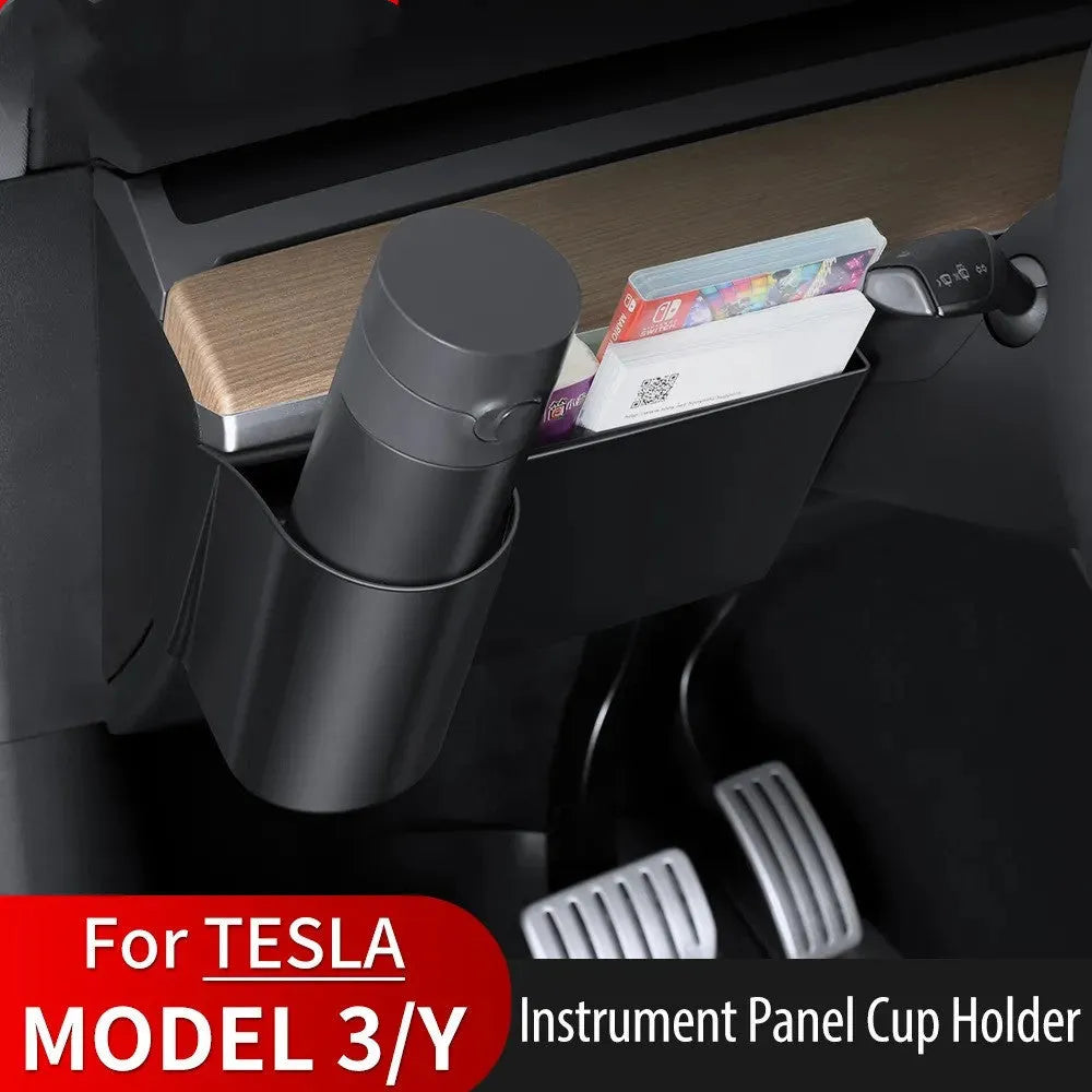 Plastic dashboard water cup holder designed for Tesla Model 3 and Model Y cars.