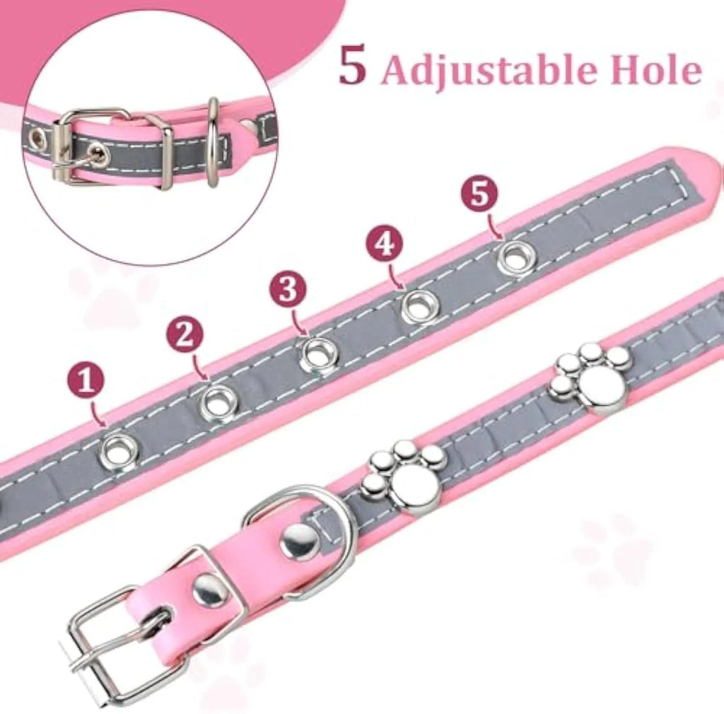 Reflective leather dog collar with paw rivets and metal buckle in adjustable sizes for dogs