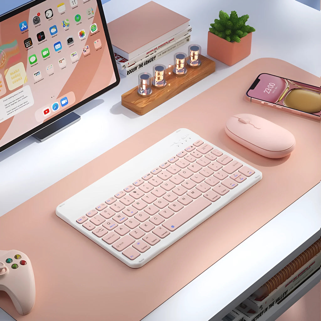 Bluetooth keyboard with rechargeable mouse in multiple colour options including white, green and pink