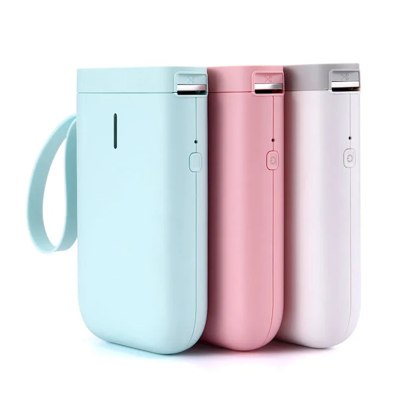 D11 Bluetooth thermal label printer in various colours, shown next to a mobile phone displaying the label design app.