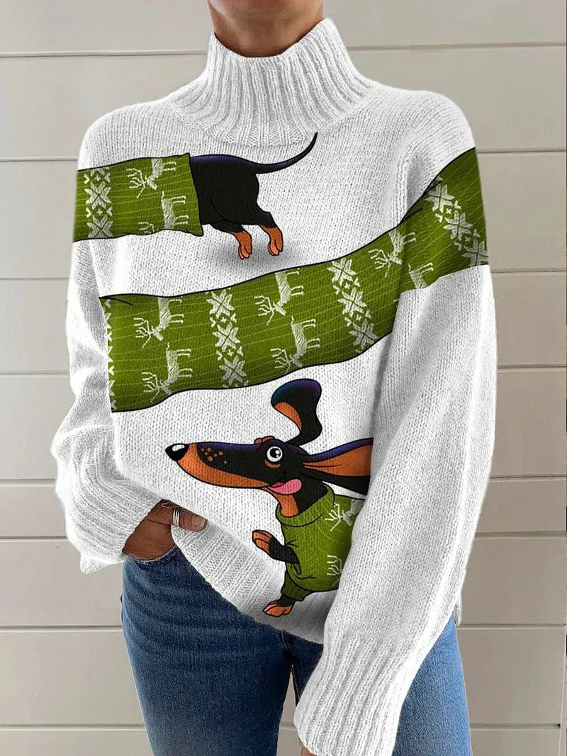 Women's loose-fit Christmas printed turtleneck sweater in macaron colour on a hanger.