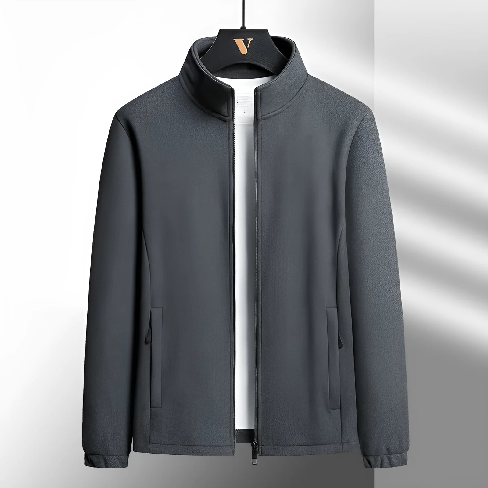 Men's thick grey Berber fleece cardigan coat with stand-up collar and zippered pockets.