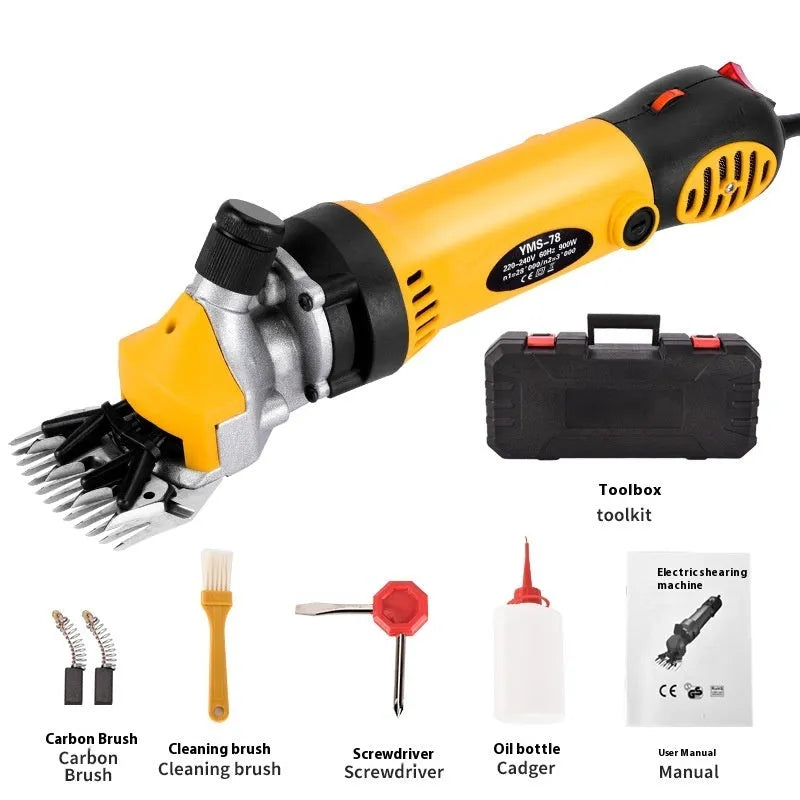 Yellow electric wool shearing machine with 110V plug and multiple blade attachments including straight and curved knives