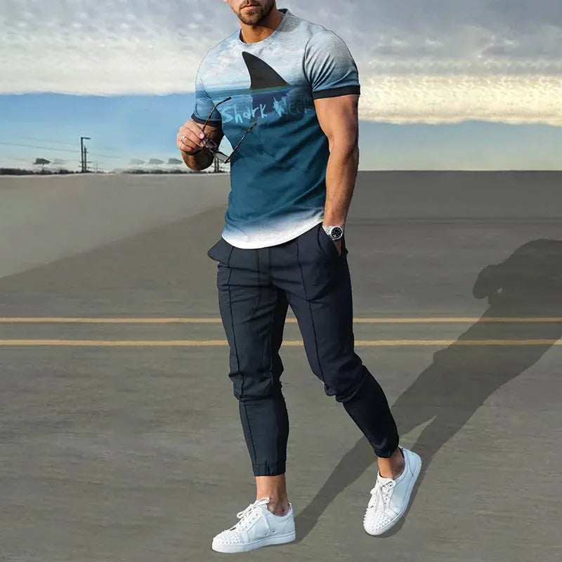 Man wearing a printed short-sleeve T-shirt and matching trousers from a polyester sports set.