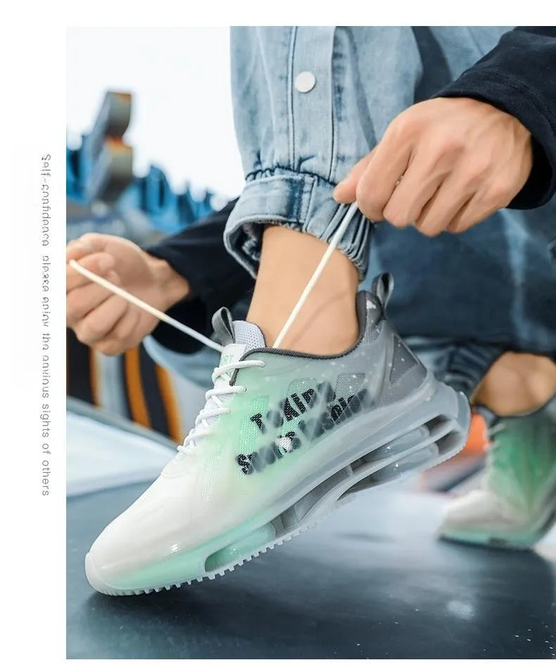 Men's black and green mid-top platform casual running shoes with mesh upper and rubber sole.