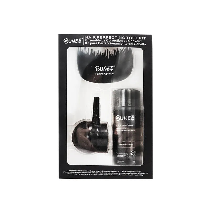 Boxed three-piece hair fibre powder thickening set with applicator and mirror.