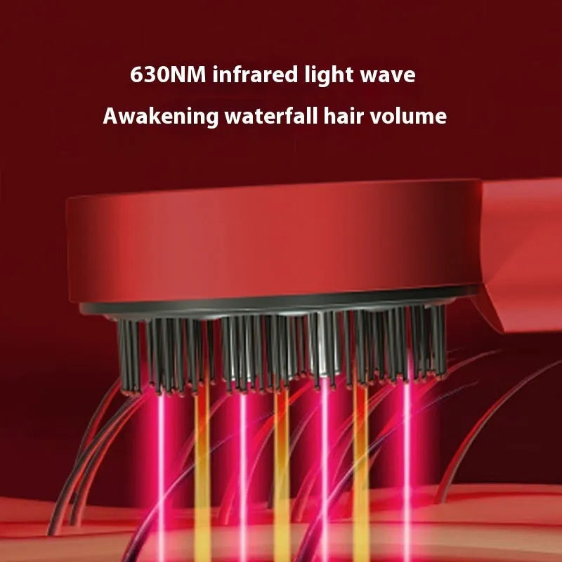 Red and blue light therapy massage hair comb in black or red plastic with Type-C charging port.