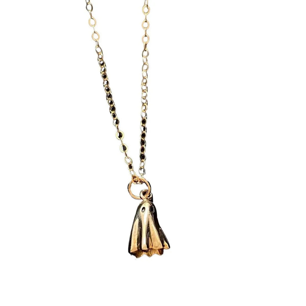 Ghost pendant necklace with twisted stainless steel chain, shown in available chain style options.
