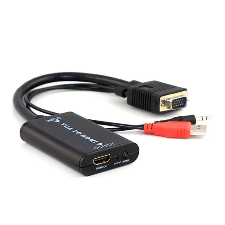 Black VGA to HDMI converter with USB cable for connecting computers to monitors with audio support