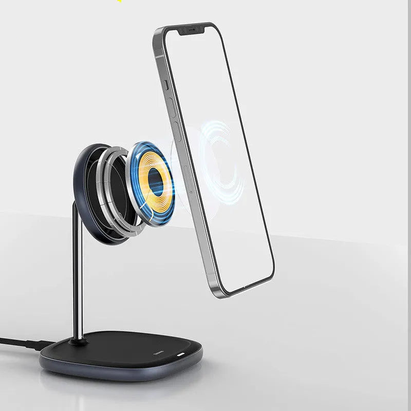Swan Magnetic Desktop Stand Wireless Charger for Apple iPhone 12 in black colour showing stand design
