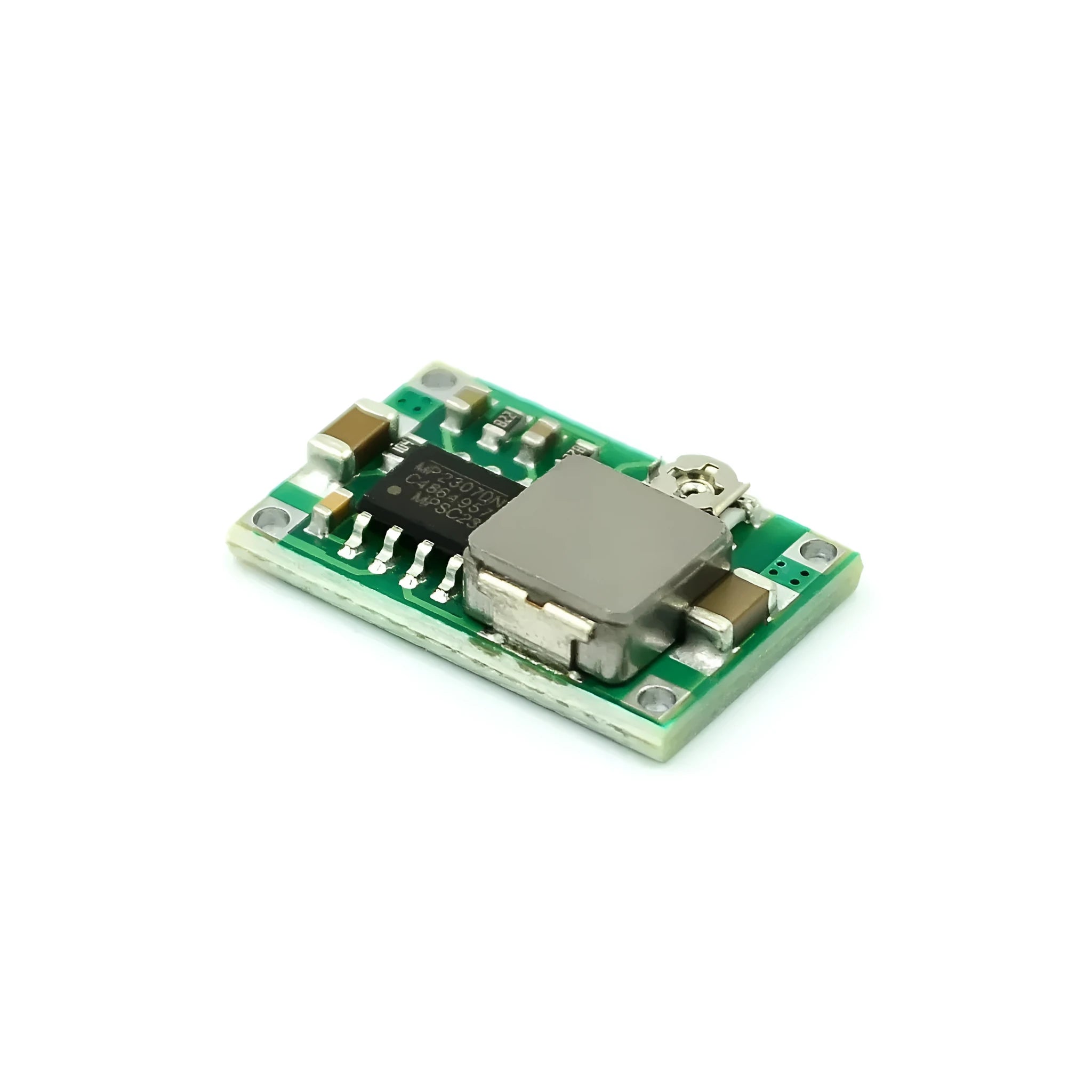 Green Mini-360 DC-DC buck converter module measuring 17x11mm with adjustable output voltage