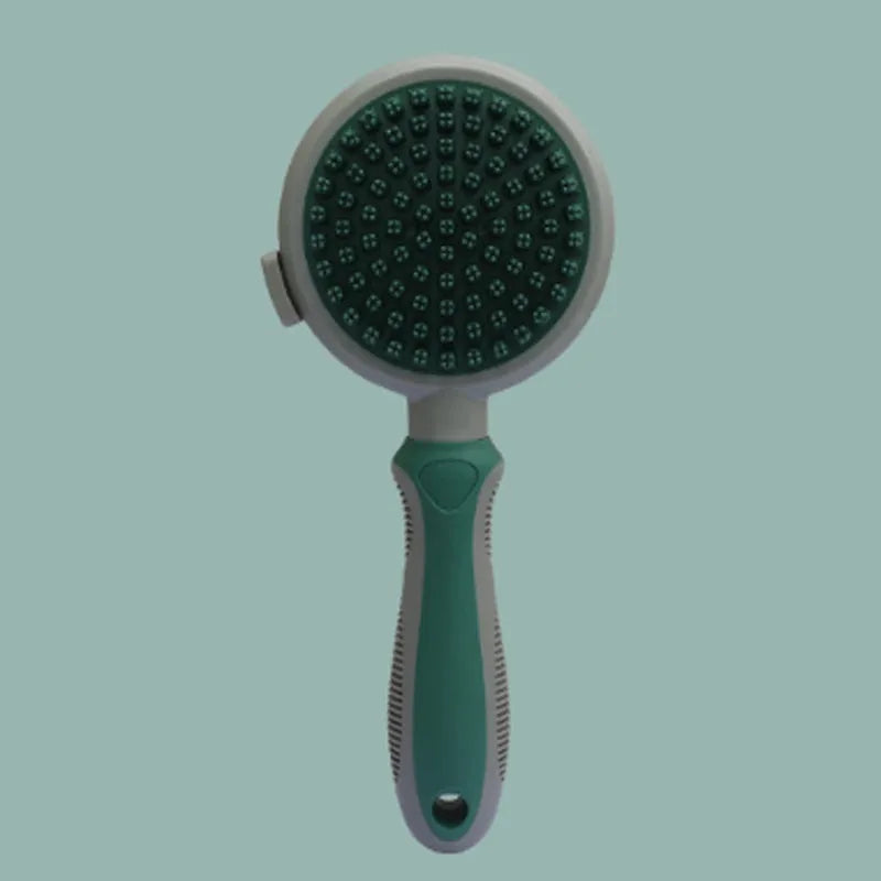 Two-sided pet grooming brush showing slicker brush side and silicone massage side in green colour