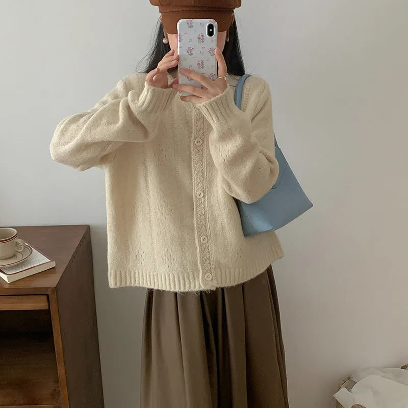Korean-style loose knitwear cardigan in viscose fibre available in apricot, green, pink, and light grey colours