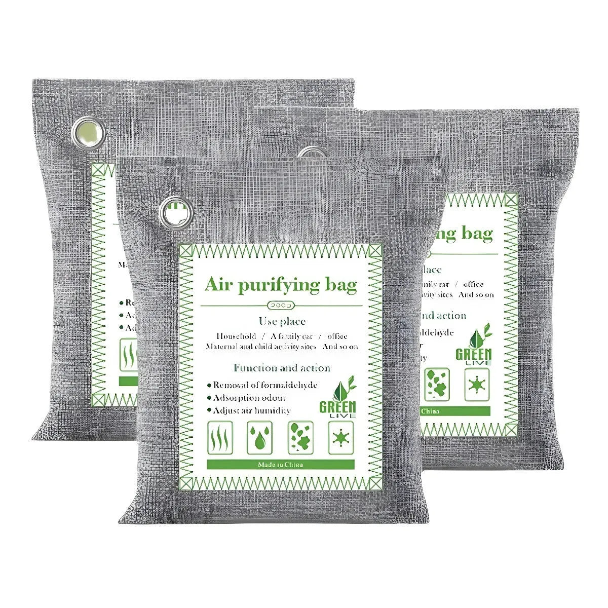 Bamboo charcoal air purifier bag in breathable fabric for formaldehyde removal.