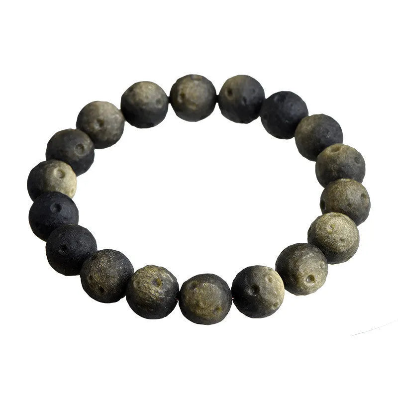Natural obsidian crater ball bracelet with grinding texture in silver or gold meteorite finish