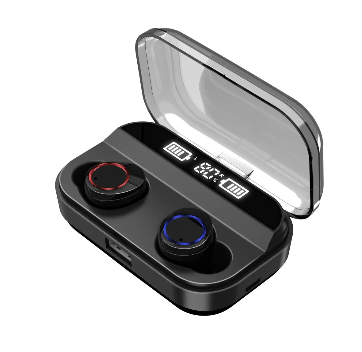 Black X11 Bluetooth wireless earbuds and charging case on a white background