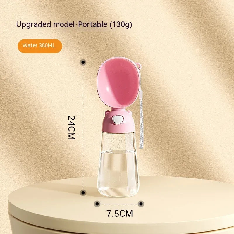 Portable dog water bottle with integrated food container in brown, pink and yellow colour options
