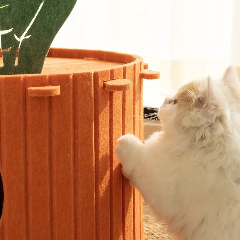 Carrot-shaped felt cat tunnel nest with ventilation holes in soft grey material