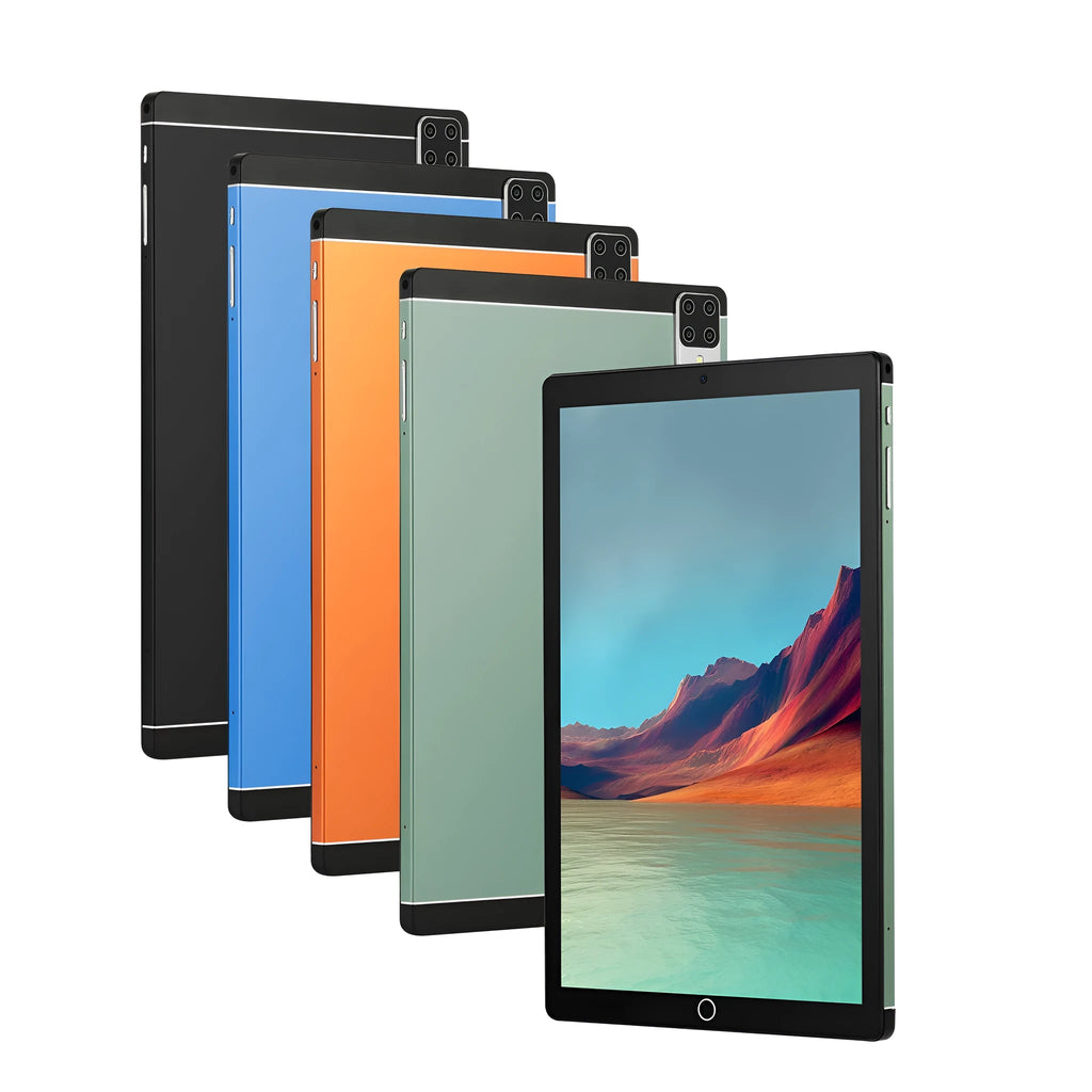Android 15 tablet computer with 11.6 inch screen shown in black, blue, green, and orange colour options.