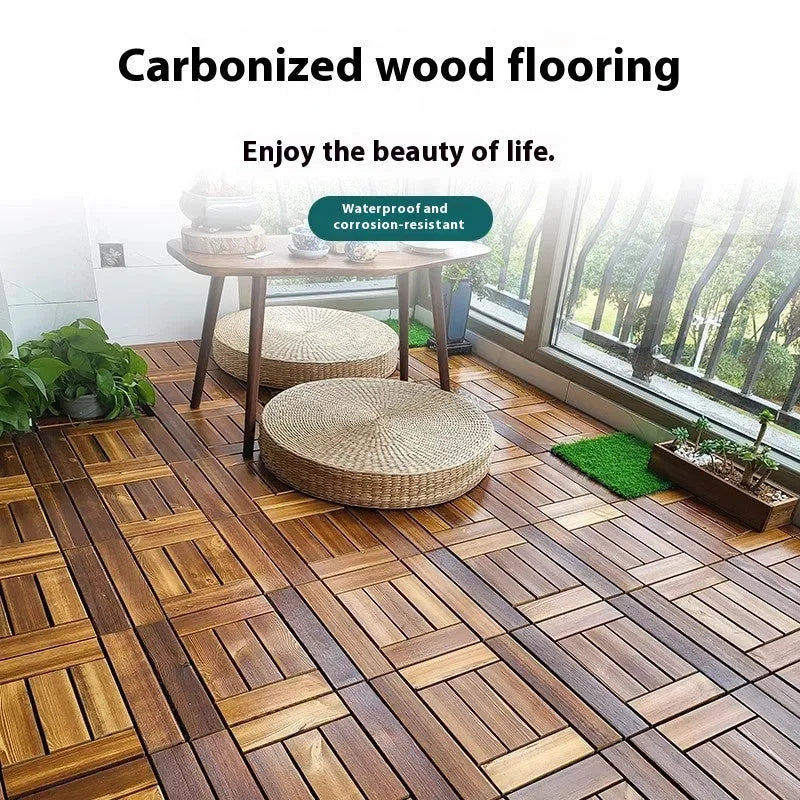 Camphor pine wood flooring panels in 30x30cm squares with brushed wax oil and durable brushed finishes