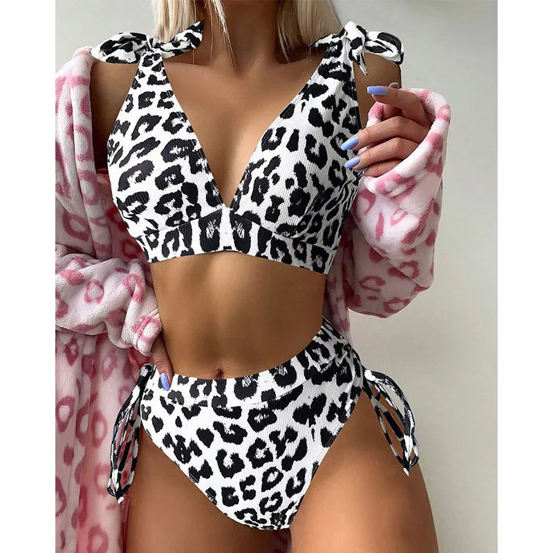 Women's purple leopard print high waist bikini set with lace-up chest cover top and matching shorts