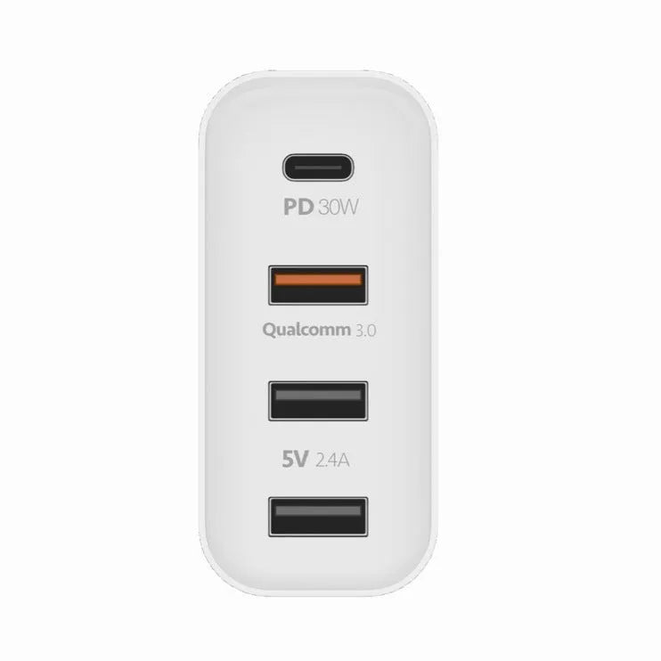Black 48W four-port USB-C charger with UK plug for multiple device charging