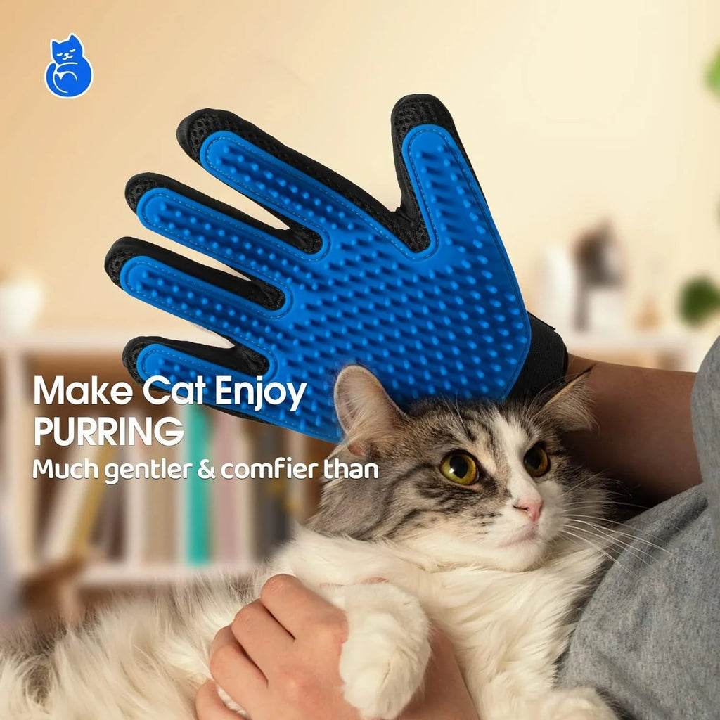 Blue pet grooming gloves with silicone tips for brushing cats and dogs