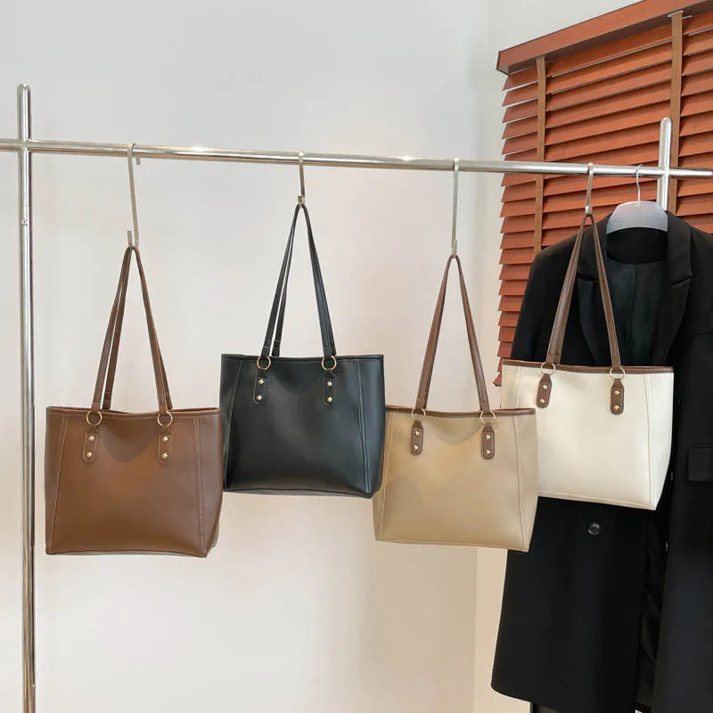Retro PU leather tote bag in horizontal square shape with internal phone and file compartments