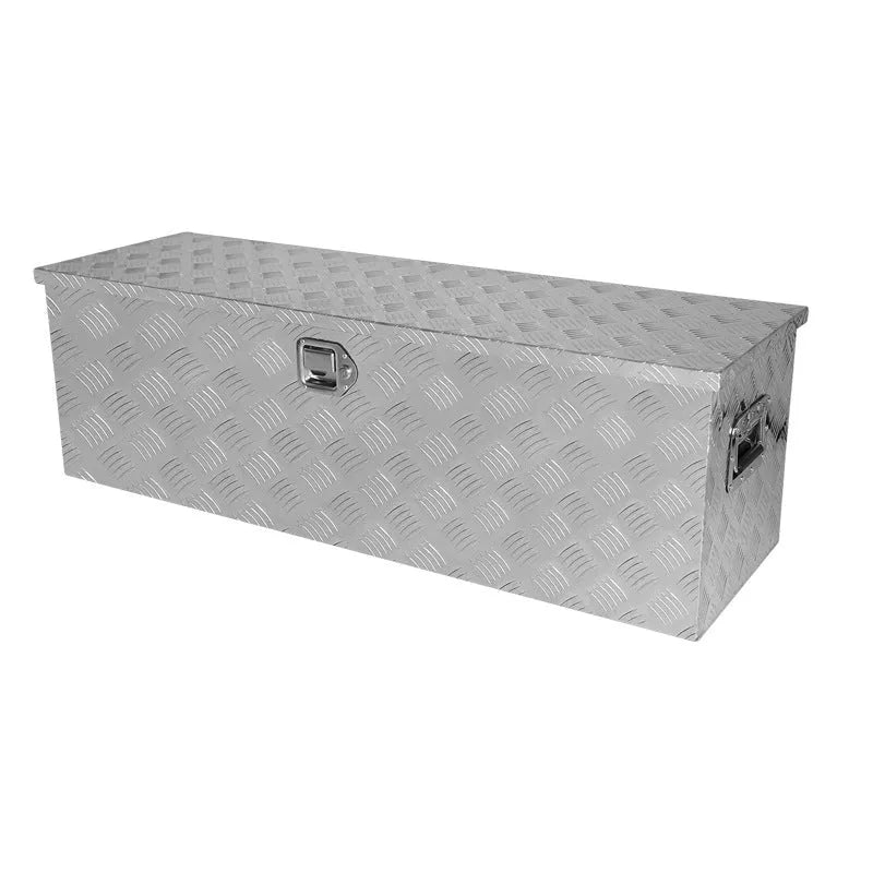 26-inch black aluminium toolbox with central carry handle for tool storage
